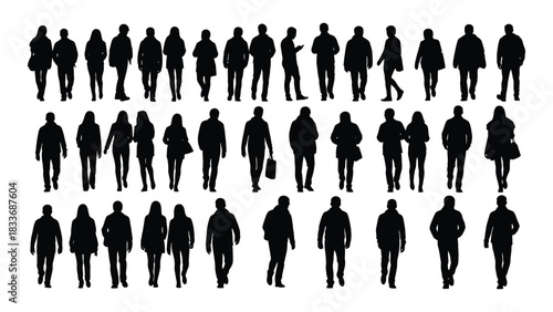 Silhouettes of walking people collection isolated on white background, Vector