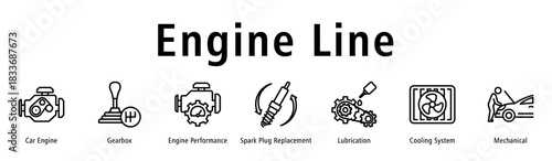 Engine Line web banner icon vector illustration with icons of Car Engine, Gearbox, Engine Performance, Spark Plug Replacement, Lubrication, Cooling System and Mechanical.