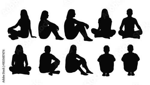 Collection of sitting people silhouettes isolated on white background, Vector