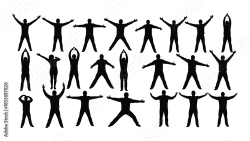 People performing exercise and stretching silhouettes isolated on white background, Vector