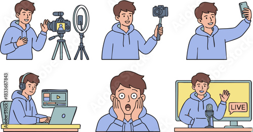 Dynamic illustrations capturing a male content creator's journey, from vlogging and live streaming with a ring light and microphone to editing videos and reacting to digital content