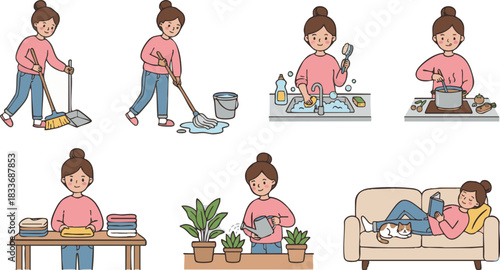 A charming collection of daily life vignettes, illustrating a woman's balanced routine of productive household tasks, nurturing hobbies, and well-deserved moments of personal relaxation