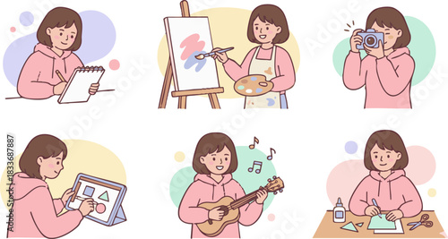 Young Woman Engaging in Various Hobbies and Creative Activities, Depicting a Joyful and Artistic Lifestyle