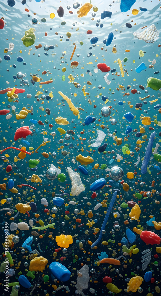 Naklejka premium Marine Pollution Crisis A Sea of Plastic Waste Threatens Aquatic Life