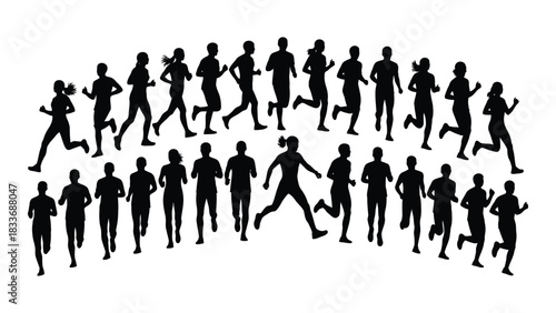 Group of running people silhouettes isolated on white background, Vector