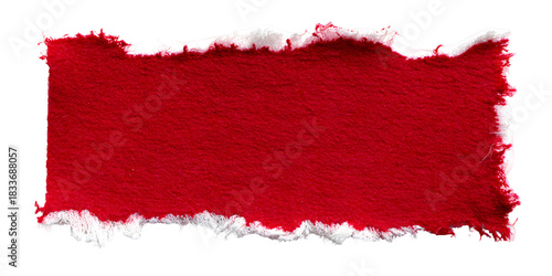 A vibrant red textured fabric swatch with rough torn edges and a white fluffy border isolated on transparent background