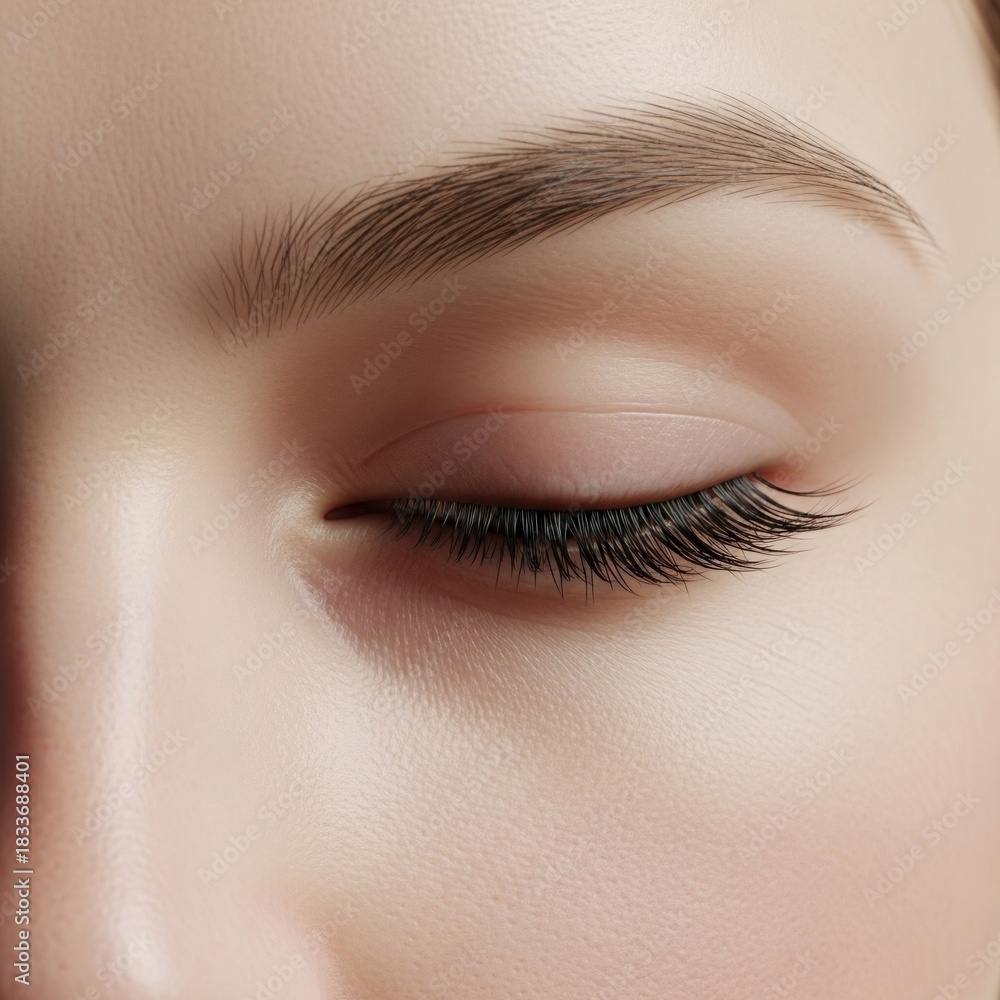 Obraz premium Close-up of a woman's closed eye and brow with fair skin tone