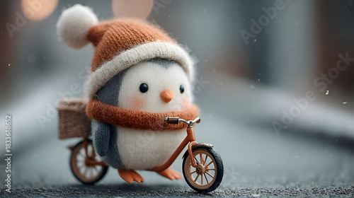 Fototapeta Naklejka Na Ścianę i Meble -  Cute Penguin on Small Bicycle Wearing Brown Hat in Snowy Weather