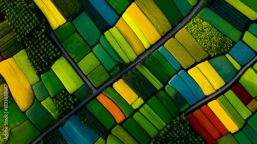Aerial View of Colorful Agriculture Fields with Geometric Patterns