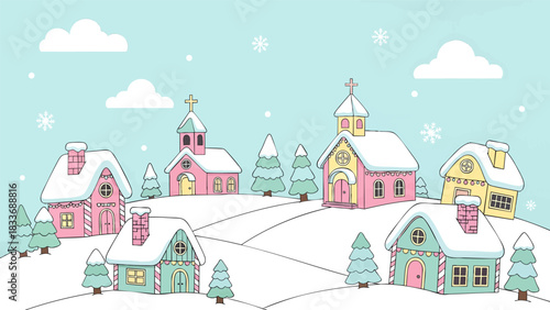 Cartoon illustration of a snow-covered village with colorful houses, churches, and pine trees under a light blue sky with snowflakes.