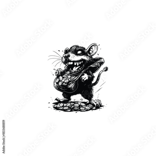 illustration of a greedy, mischievous rat or mouse creature with bared teeth, holding a sack overflowing with gold coins