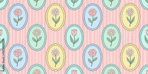 Soft pastel floral seamless pattern featuring delicate flowers in decorative oval frames, set against a gentle striped background, creating a charming and elegant design