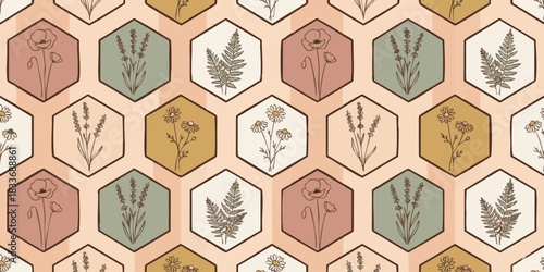 Vintage botanical seamless pattern featuring hand-drawn poppies, lavender, and ferns arranged in a geometric honeycomb grid