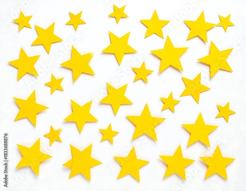 A flat lay of scattered, vibrant yellow, five-pointed stars against a clean, white background. The stars vary in size