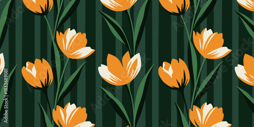 Seamless retro floral pattern featuring vibrant orange tulips and green leaves on a dark striped background, perfect for textile, wallpaper, or decorative design projects