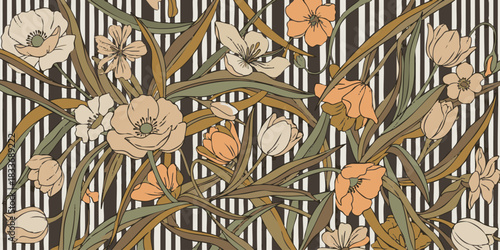 Floral Arrangement with Poppies and Tulips on Striped Background for Decorative Purposes