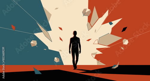 A determined silhouette strides forward as a vibrant background dramatically shatters, representing profound change, breaking through barriers, and embarking on a new journey.