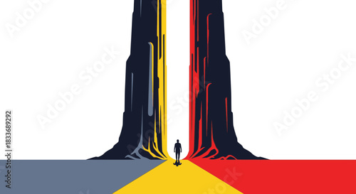A lone individual stands at a critical crossroads, where vibrant paths merge and rise into abstract, towering structures, representing complex choices and the journey ahead.