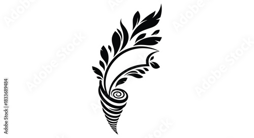 A gracefully curving ornate black feather design with swirling details a striking silhouette