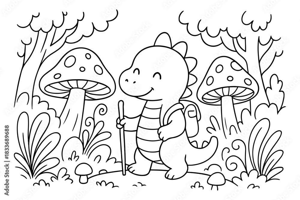 Obraz premium Cute Dinosaur Hiking in a Whimsical Forest with Giant Mushrooms and Plants