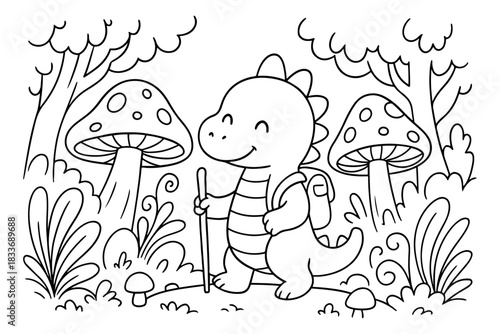 Cute Dinosaur Hiking in a Whimsical Forest with Giant Mushrooms and Plants