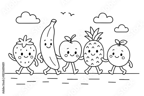Cute Cartoon Fruits Walking Together Holding Hands with Clouds and Birds