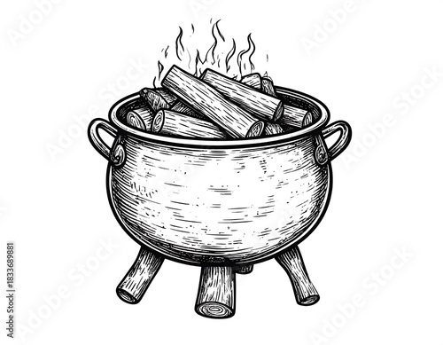 A grayscale illustration depicts a cauldron with burning firewood, emanating wisps of smoke, set on a white backdrop
