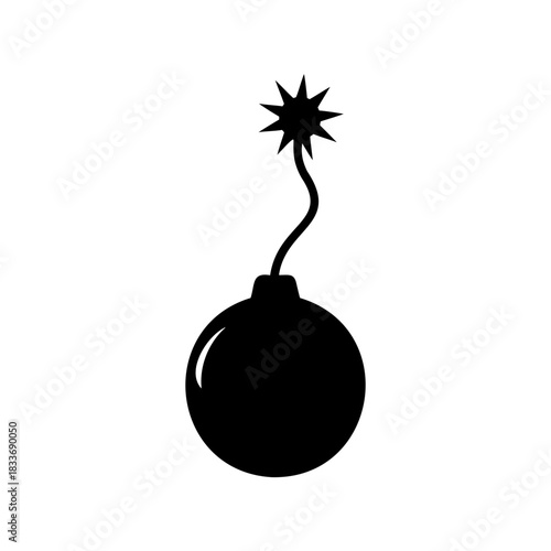 Classic cartoon bomb with lit fuse icon silhouette on white Vector, illustration