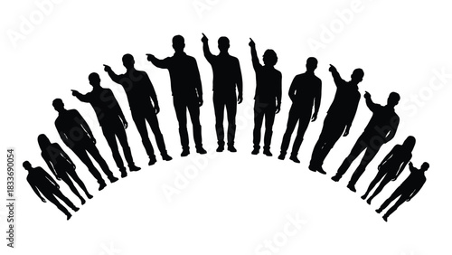People silhouettes pointing in an arc isolated on white background, Vector