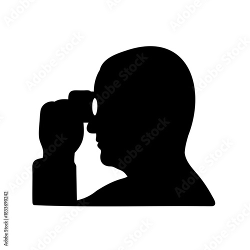 Silhouette of a person looking through binoculars, search. Vector, illustration