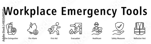 Workplace Emergency Tools banner showing Fire Extinguisher, Fire Alarm, First Aid, Evacuation, Healthcare, Measures, and Vest.