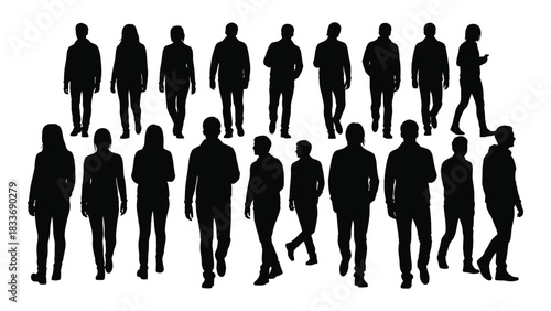 Diverse group of walking people silhouettes isolated on white background, Vector