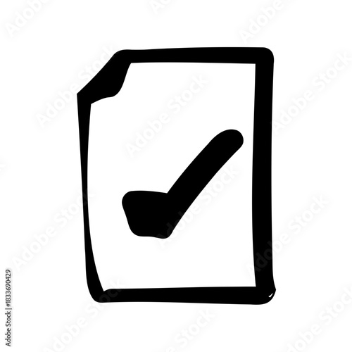 Hand drawn document with checkmark icon for task completion. Vector, illustration