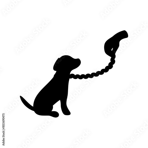Sitting dog silhouette on leash held by hand, pet training icon Vector, illustration