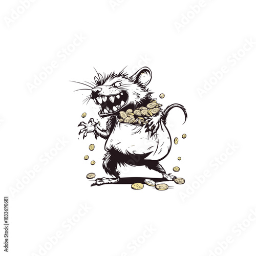 illustration of a greedy, mischievous rat or mouse creature with bared teeth, holding a sack overflowing with gold coins
