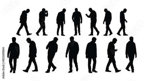 Collection of male silhouettes in various poses isolated on white background, Vector