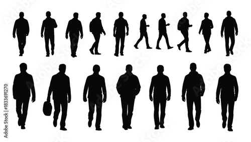 Walking men silhouettes collection isolated on white background, Vector