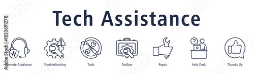 Tech Assistance banner with icons of Remote Assistance, Troubleshooting, Tools, Toolbox, Repair, Help Desk and Thumbs Up.