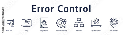 Error Control banner with icons of Error 404, Bug, Bug Report, Troubleshooting, Network, System Update and Placeholder.