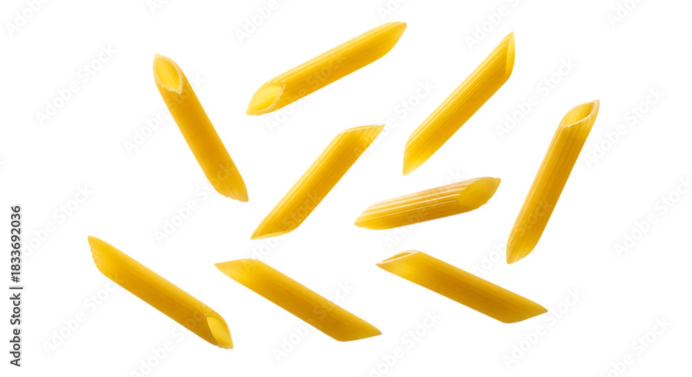 Obraz premium Penne pasta pieces scattered isolated on transparent background