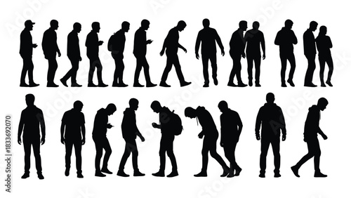 People silhouettes in various poses isolated on white background, Vector