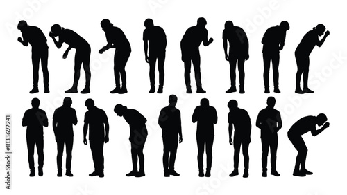 Human silhouettes bending and looking down isolated on white background, Vector