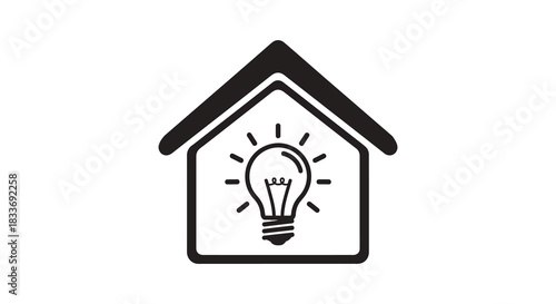 A simple black house icon contains a glowing light bulb inside a bold silhouette
