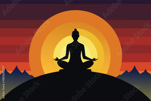 Find inner peace with mindful meditation at sunset, silhouetted against the horizon for mindful wellness and spiritual balance in nature's embrace