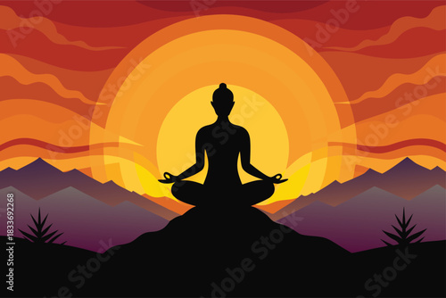 Serene yoga silhouette against a vibrant sunset landscape promoting mindfulness and inner peace, perfect for wellness brands and meditation retreats.