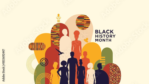 Vibrant Black History Month celebration honoring cultural heritage, unity, and community empowerment with diverse figures and graphic elements