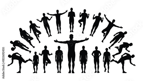 Diverse human silhouettes in sports and action poses isolated on white background, Vector