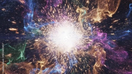 Abstract illustration of colorful smoke or energy streams radiating from a central point black background