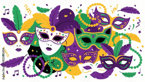 Celebrate Mardi Gras with this festive collection of colorful masks, beads, and feathers, perfect for invitations, decorations, and party promotions!