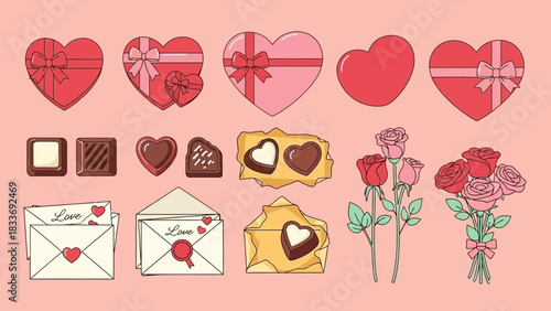 Sweet treats and love notes for Valentine's Day, a delicious surprise with chocolate hearts and pretty roses, a romantic vector graphic illustration